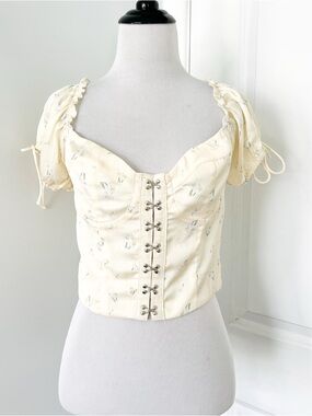 Princess Polly Cream Floral Corset Puff Sleeve Crop Top - Size 8